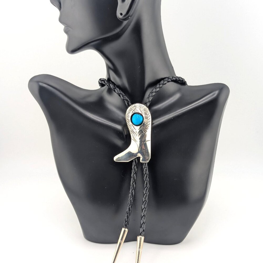 Navajo Kingman Turquoise Bolo Tie Leather Sterling Silver Southwest Accessory **